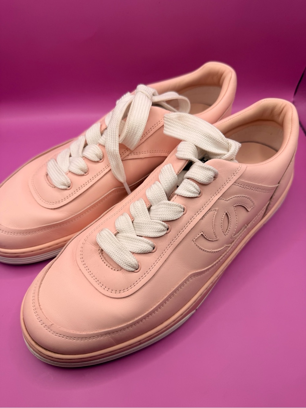 CHANEL Pink Leather Women's Sneaker with Branded Tongue Size 41